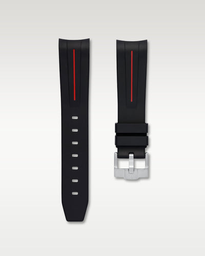 WISSTRAPS 20mm Tuxedo Black curved end rubber watch strap with red stripe and brushed silver buckle