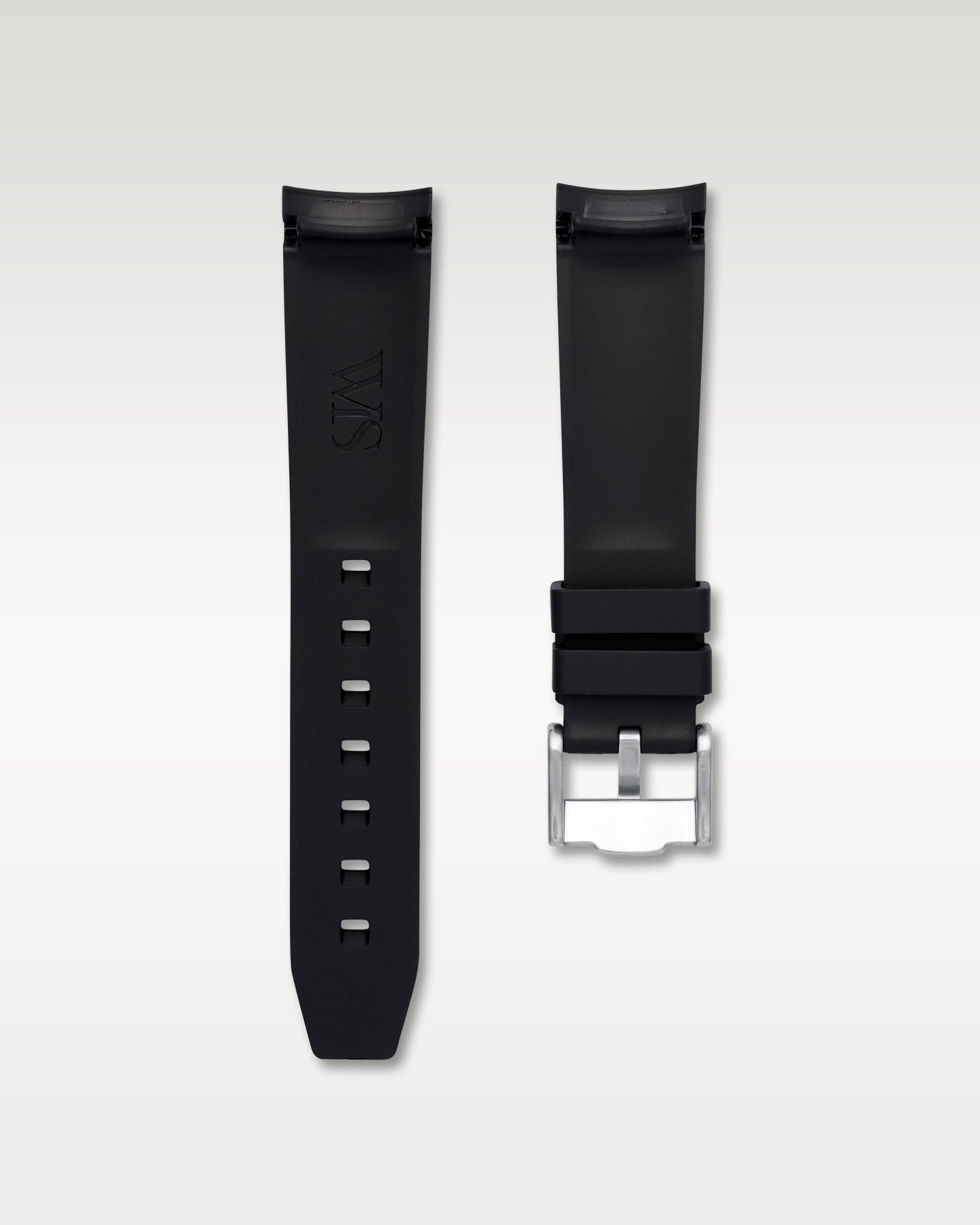 Back view of WISSTRAPS 20mm integrated curved end rubber watch strap in black with red center stripe