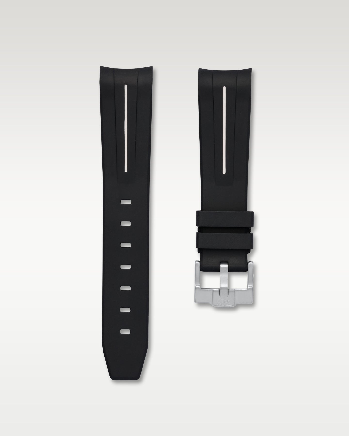WISSTRAPS 20mm Tuxedo Black curved end rubber watch strap with white stripe and brushed silver buckle