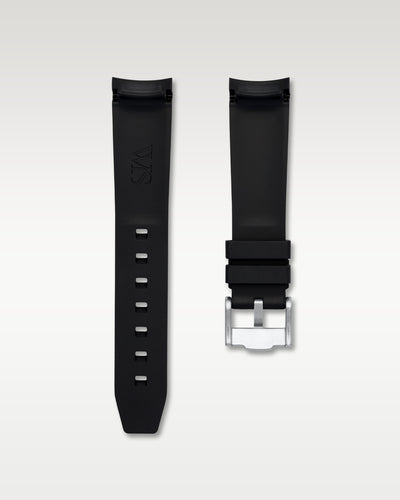 Full view of WISSTRAPS 20mm integrated curved end rubber watch strap in black with white center stripe