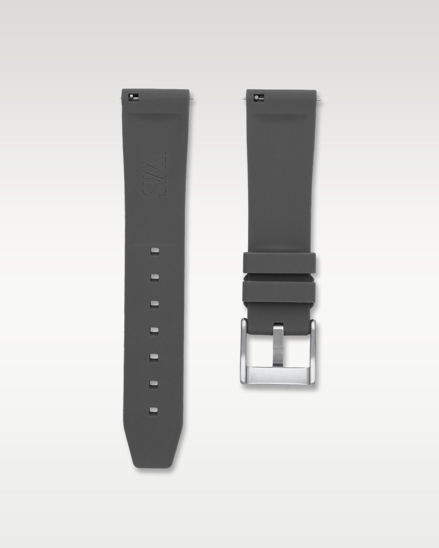 Underside view of WISSTRAPS 22mm charcoal grey quick release rubber watch strap showing logo and quick-release spring bars