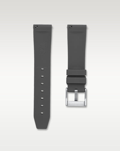 Underside view of WISSTRAPS 22mm charcoal grey quick release rubber watch strap showing logo and quick-release spring bars