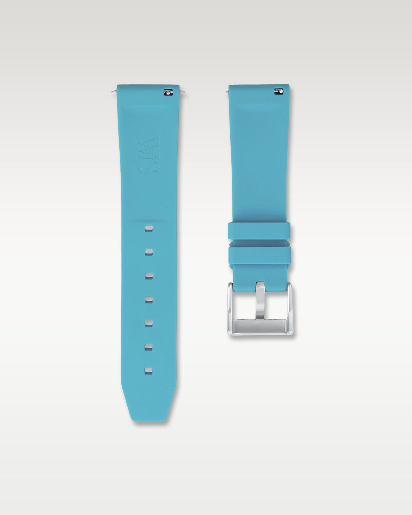 Underside view of WISSTRAPS 22mm miami blue quick release rubber watch strap showing logo and quick-release spring bars