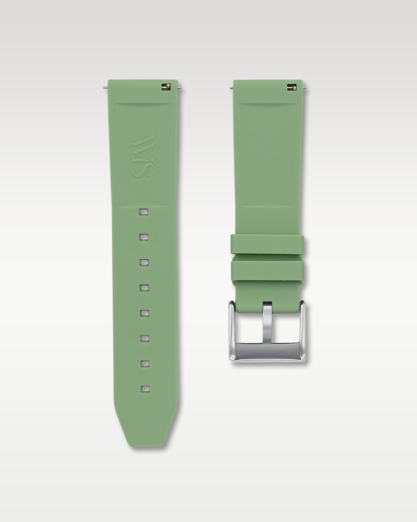 Underside view of 22mm WISSTRAPS sage green quick release rubber watch strap with quick-release spring bars