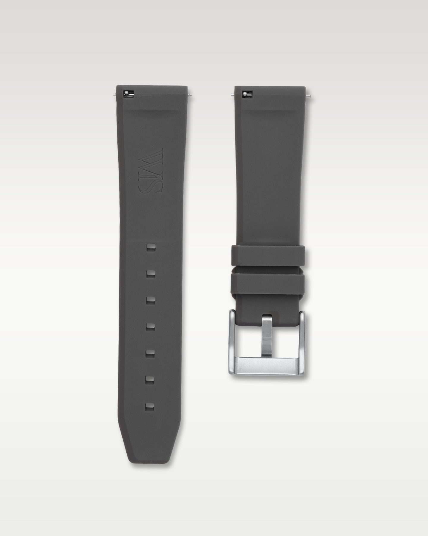 Underside view of WISSTRAPS 24mm charcoal grey quick release rubber watch strap showing logo and quick-release spring bars