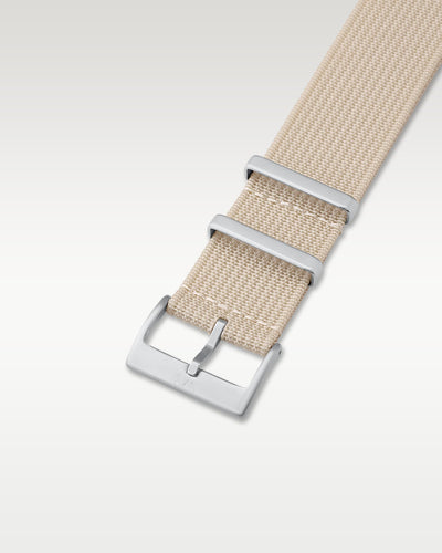 WISSTRAPS 24mm khaki woven nylon pull-through watch strap featuring brushed steel hardware buckle and keepers
