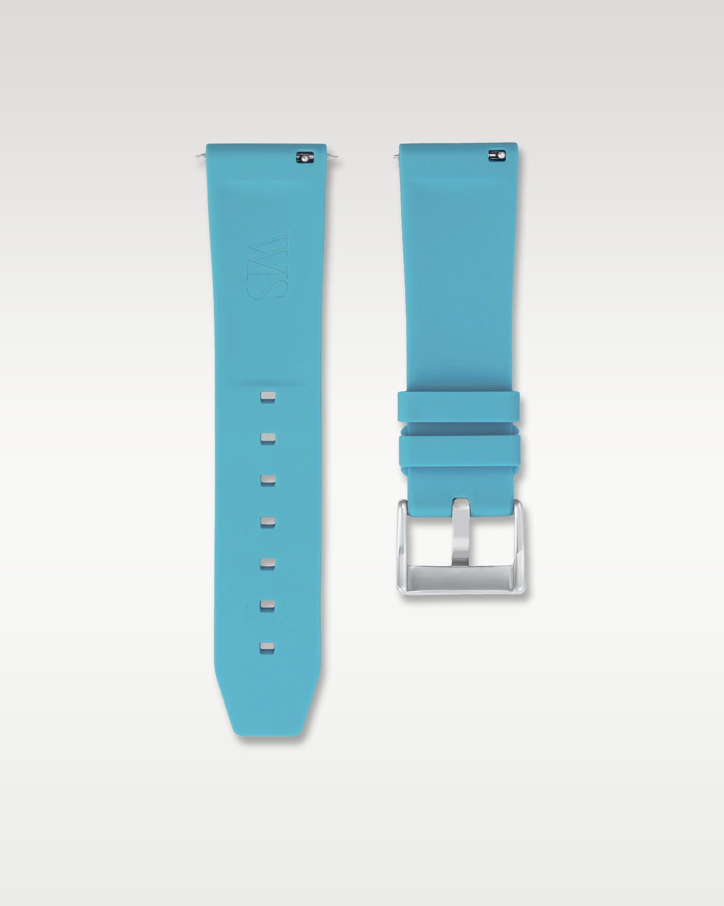 Underside view of WISSTRAPS 24mm miami blue quick release rubber watch strap showing logo and quick-release spring bars
