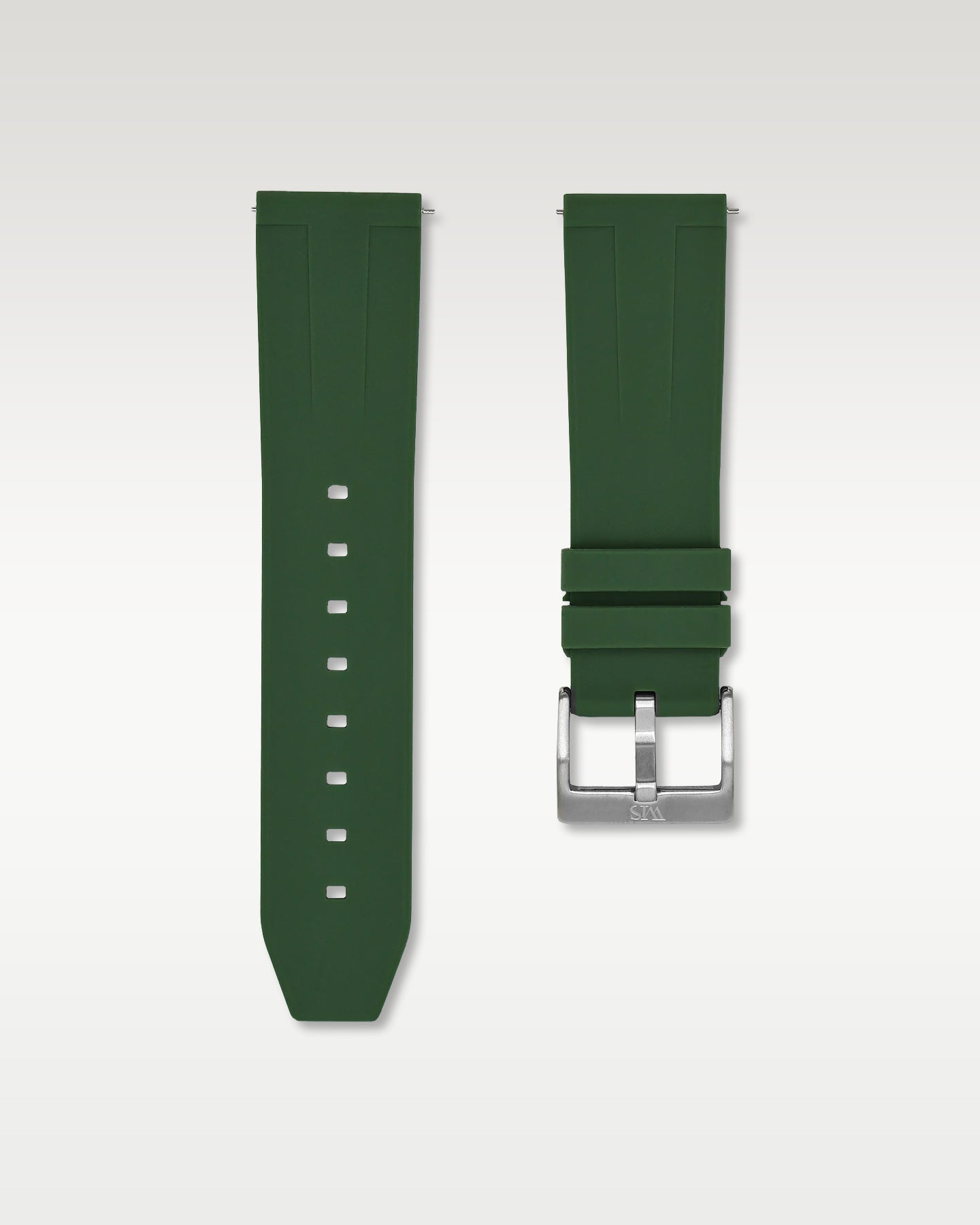 WISSTRAPS 22mm Forest Green quick release rubber watch strap featuring a straight lug fit and brushed stainless steel buckle