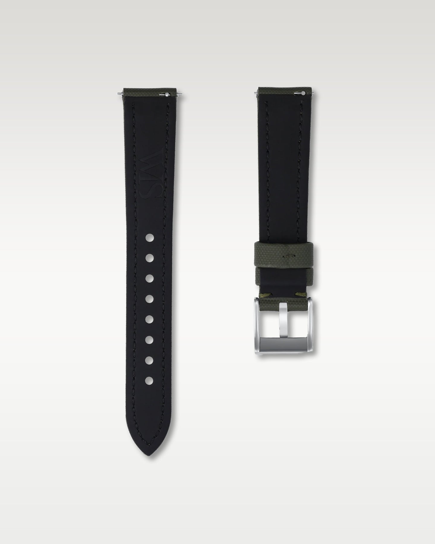 Pair view of WISSTRAPS 18mm Army Green sailcloth watch strap showing quick release pins and brushed pin buckle