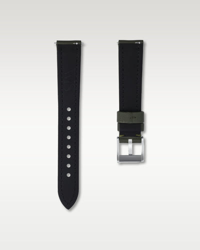 Pair view of WISSTRAPS 18mm Army Green sailcloth watch strap showing quick release pins and brushed pin buckle