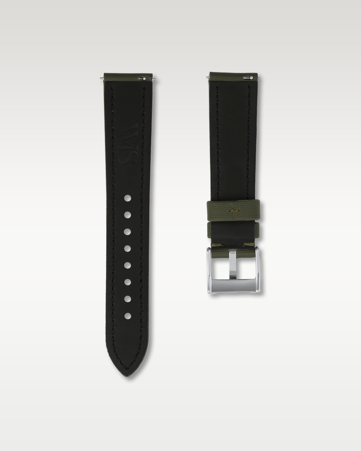 back view of WISSTRAPS 20mm Army Green sailcloth watch strap showing quick release pins and brushed pin buckle