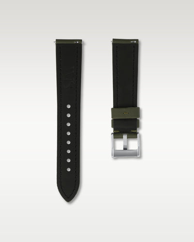 back view of WISSTRAPS 20mm Army Green sailcloth watch strap showing quick release pins and brushed pin buckle