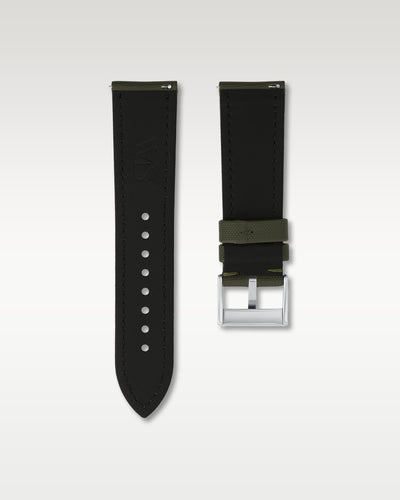 reverse side view of a 24mm army green watch band showing black inner lining, integrated quick-release levers, and engraved WIS buckle
