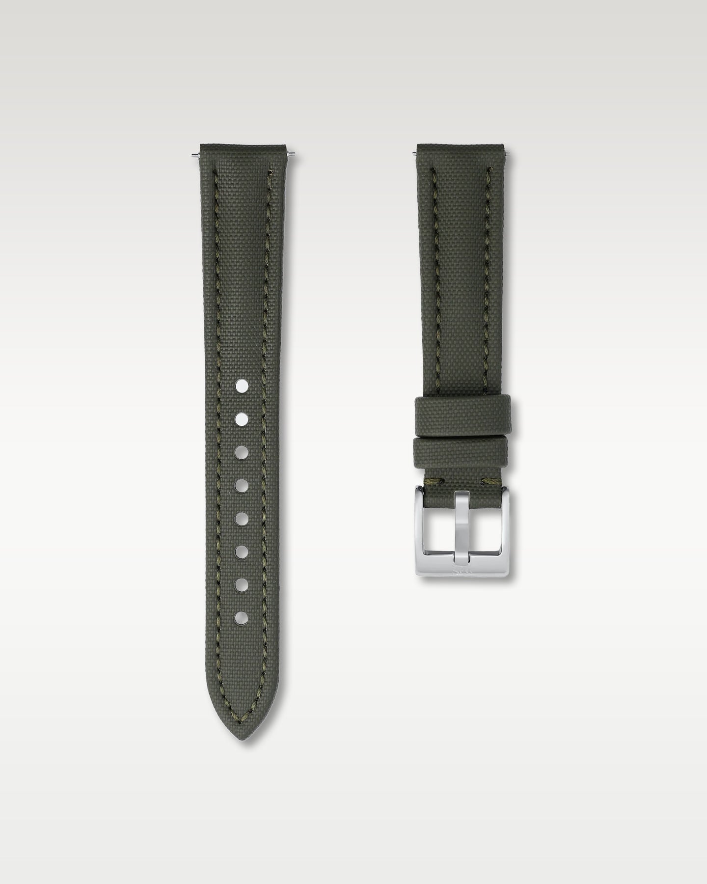 WISSTRAPS 18mm Army Green waterproof sailcloth watch strap featuring quick release spring bars and engraved silver buckle