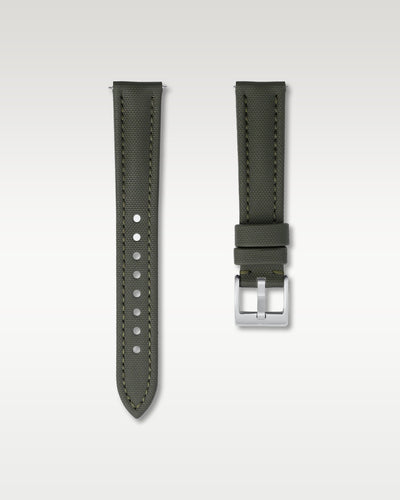 WISSTRAPS 18mm Army Green waterproof sailcloth watch strap featuring quick release spring bars and engraved silver buckle