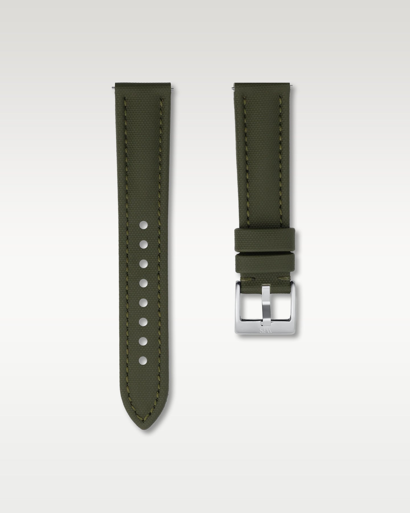 WISSTRAPS 20mm Army Green waterproof sailcloth watch strap featuring quick release spring bars and engraved silver buckle