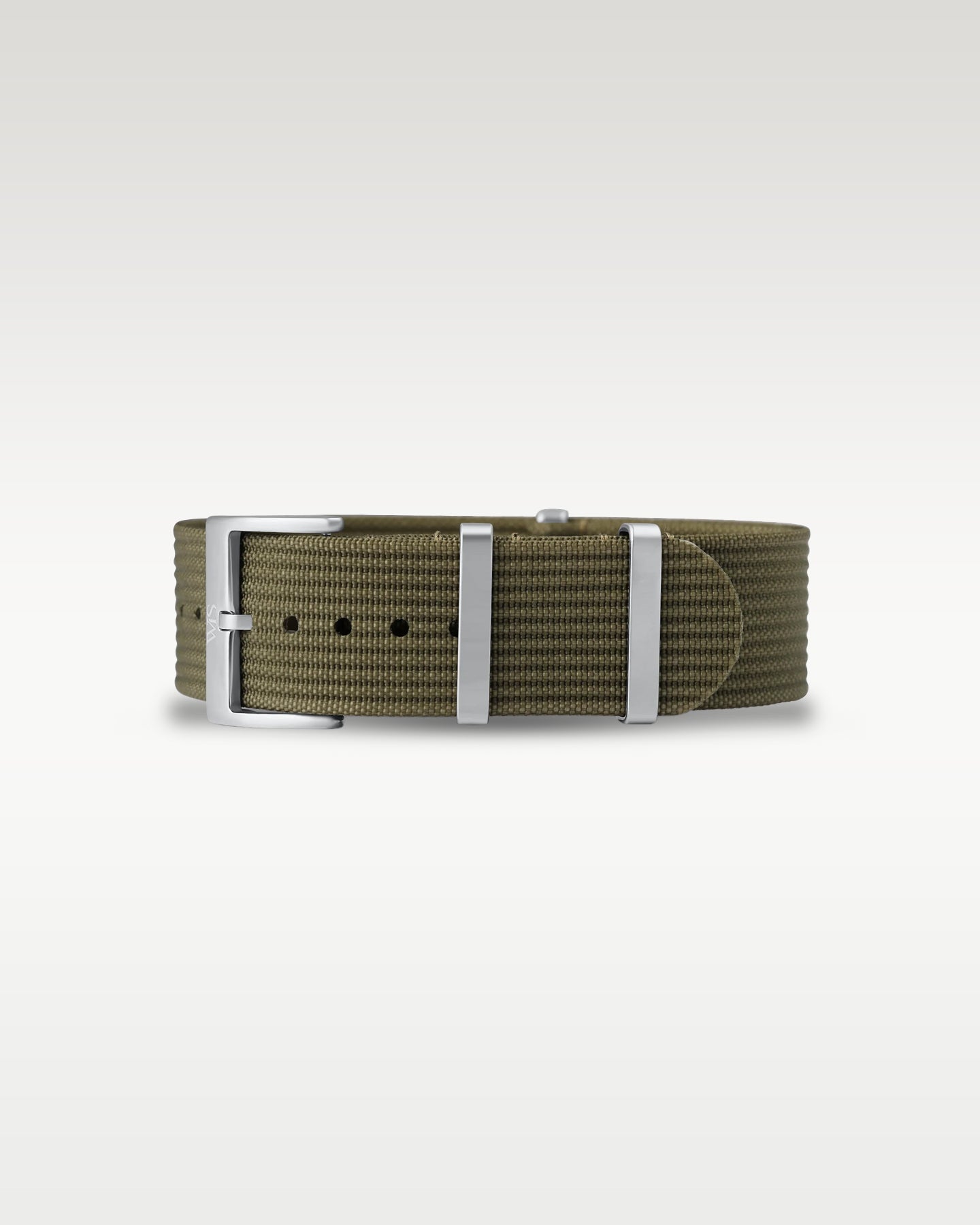 Flat layout view of an army green woven nylon watch strap folded with brushed silver hardware
