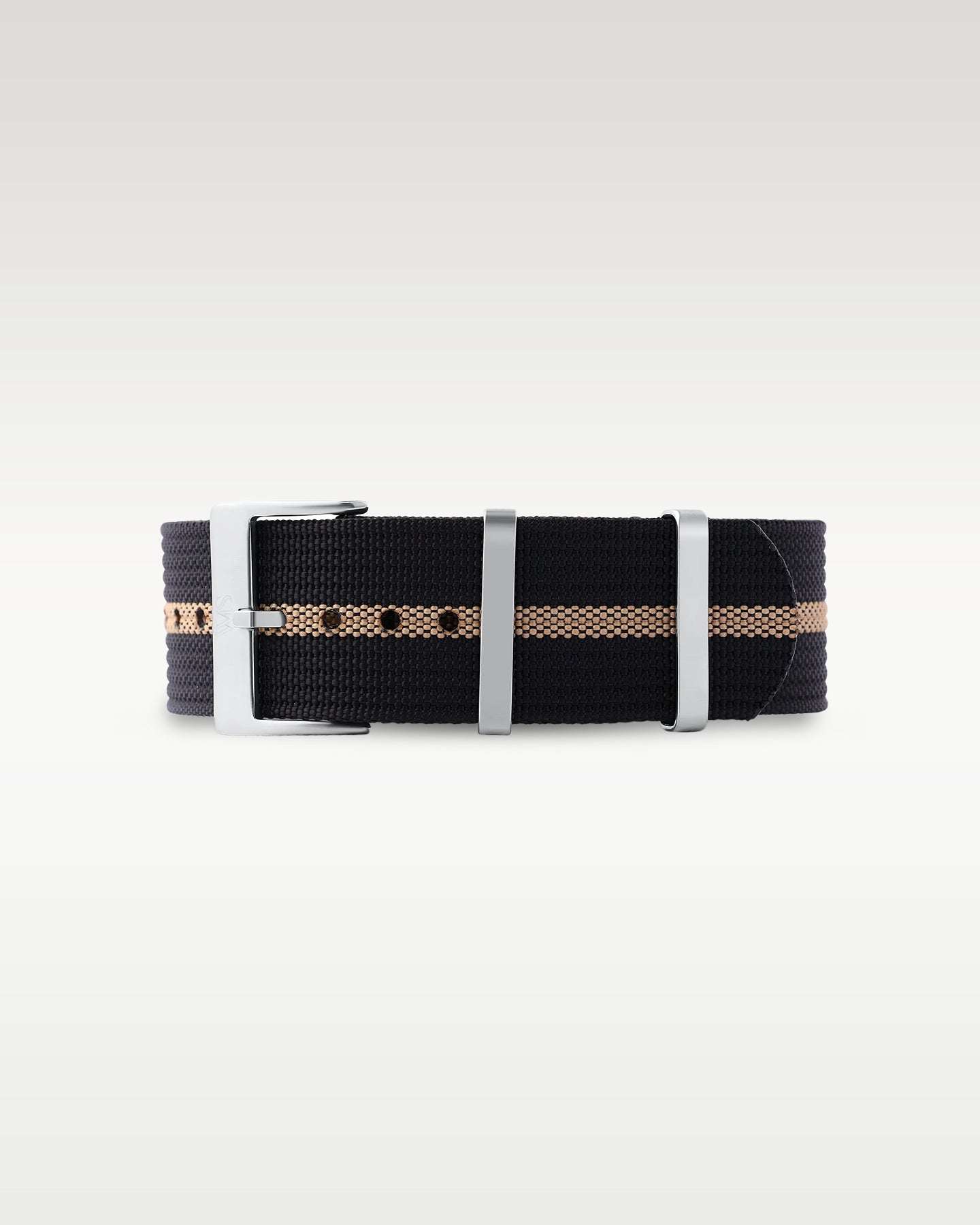 Flat layout view of a black woven nylon watch strap featuring a central khaki tan stripe, folded with brushed steel hardware
