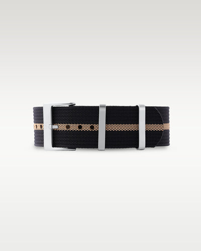 Flat layout view of a black woven nylon watch strap featuring a central khaki tan stripe, folded with brushed steel hardware