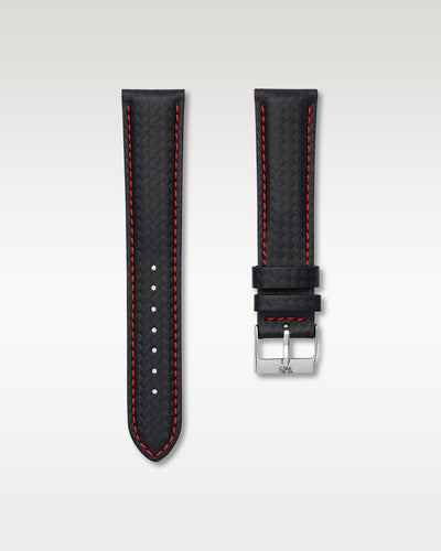 WISSTRAPS 20mm black carbon fiber textured leather watch strap featuring bold red contrast stitching and a brushed stainless steel buckle