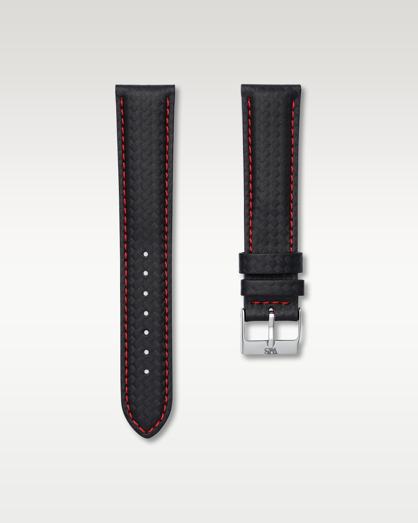 Underside view of WISSTRAPS 20mm carbon fiber embossed watch strap showing soft tan leather lining and stamped brand logo