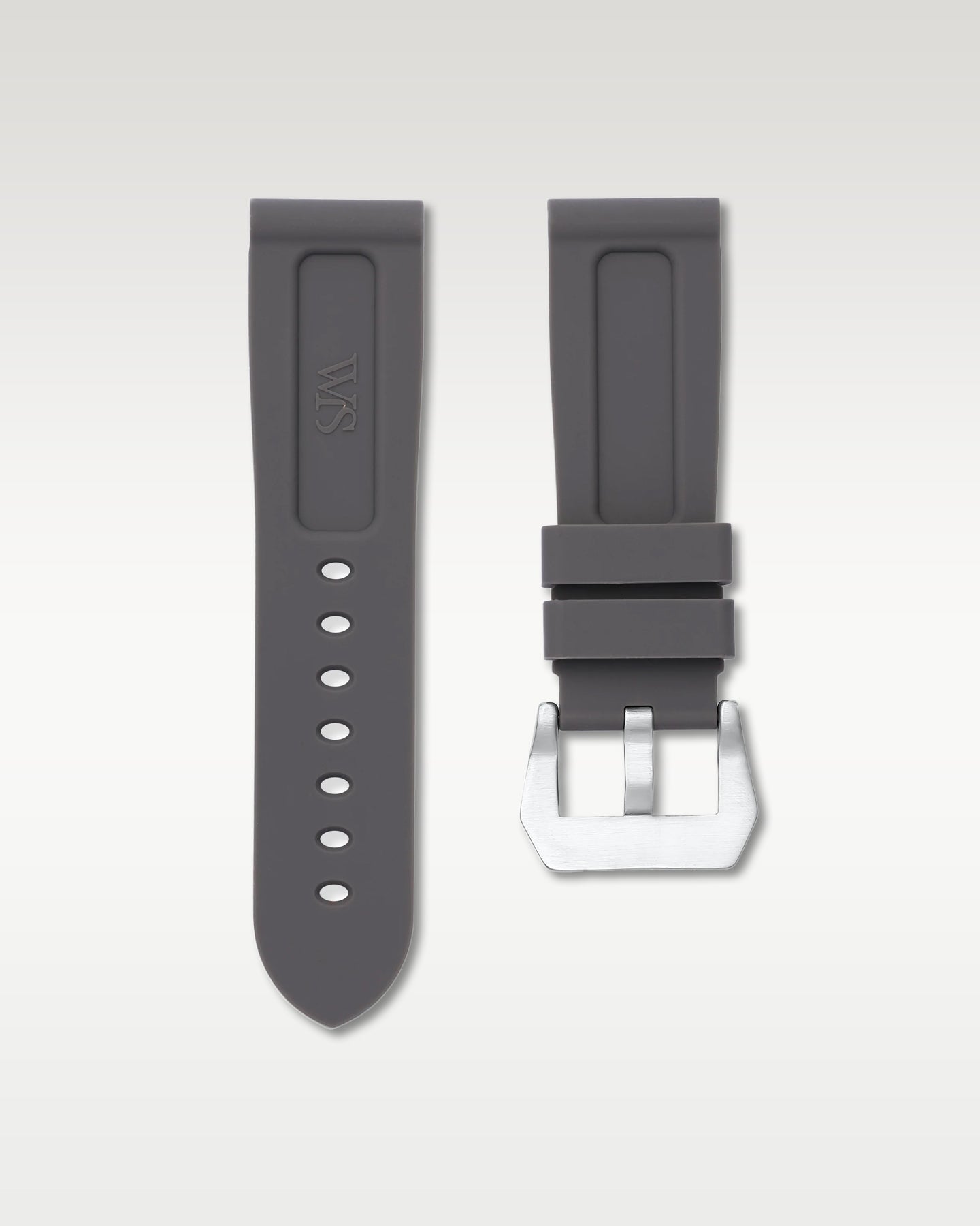 Under side view of WISSTRAPS 24mm Charcoal Grey calibrated rubber watch strap showing seamless case alignment and spring bars