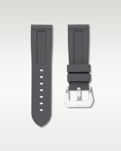 Under side view of WISSTRAPS 24mm Charcoal Grey calibrated rubber watch strap showing seamless case alignment and spring bars