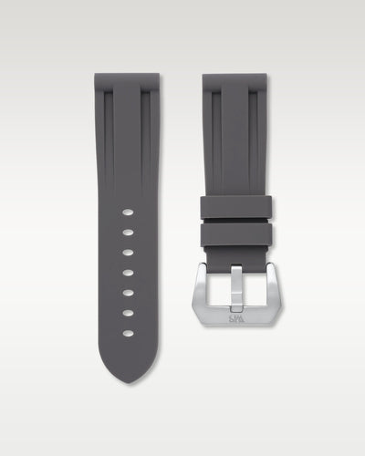 WISSTRAPS 22mm Charcoal Grey calibrated rubber watch strap featuring a flush case fit and brushed stainless steel buckle
