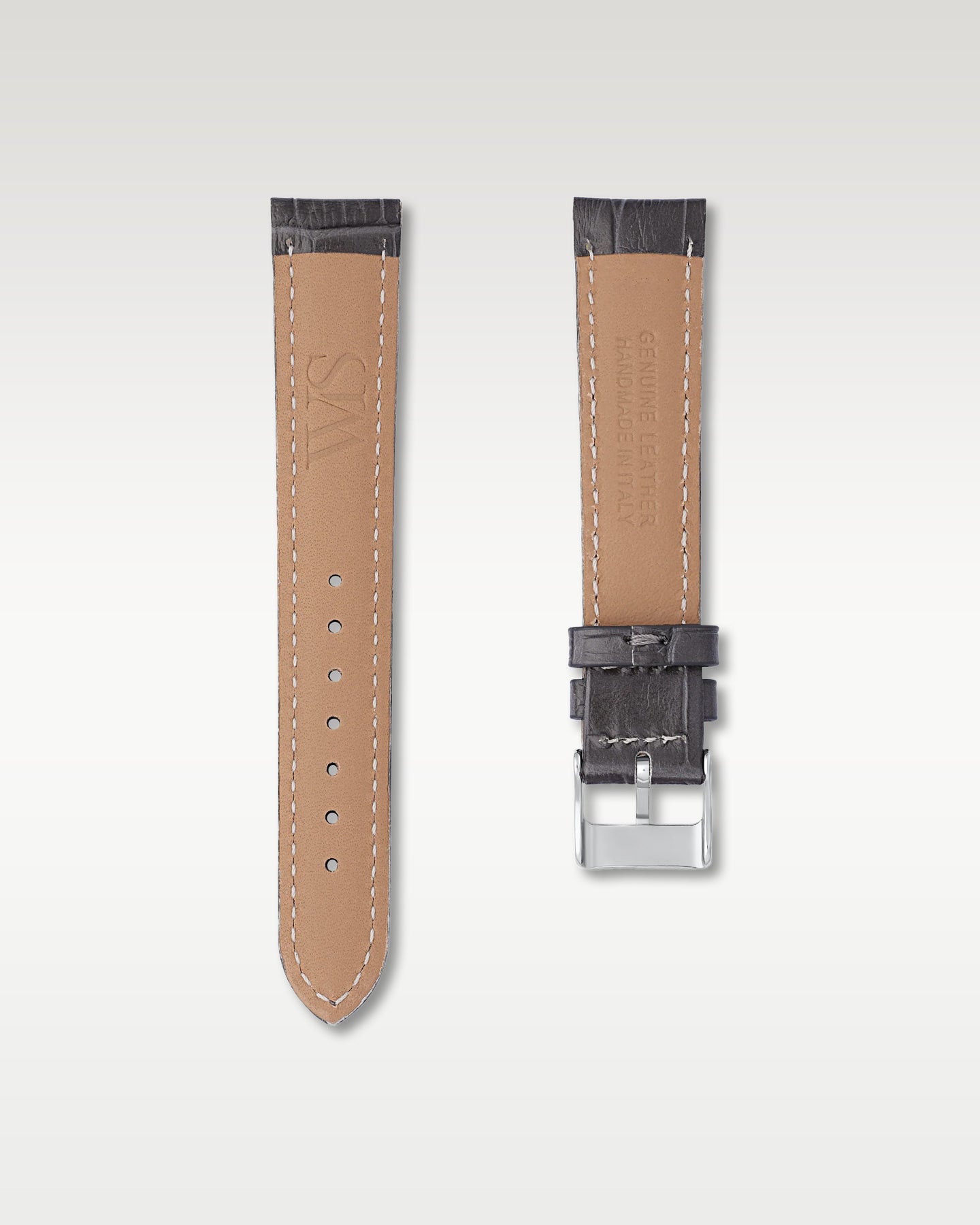Underside view of WISSTRAPS 18mm Midnight Blue leather watch strap showing soft tan lining and stamped brand logo
