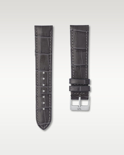 WISSTRAPS 20mm Charcoal Grey Italian alligator embossed leather watch strap featuring light contrast stitching and a stainless steel buckle
