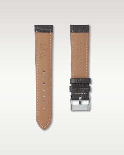 Underside view of WISSTRAPS 20mm Charcoal Grey leather watch strap showing soft neutral tan lining and stamped brand logo