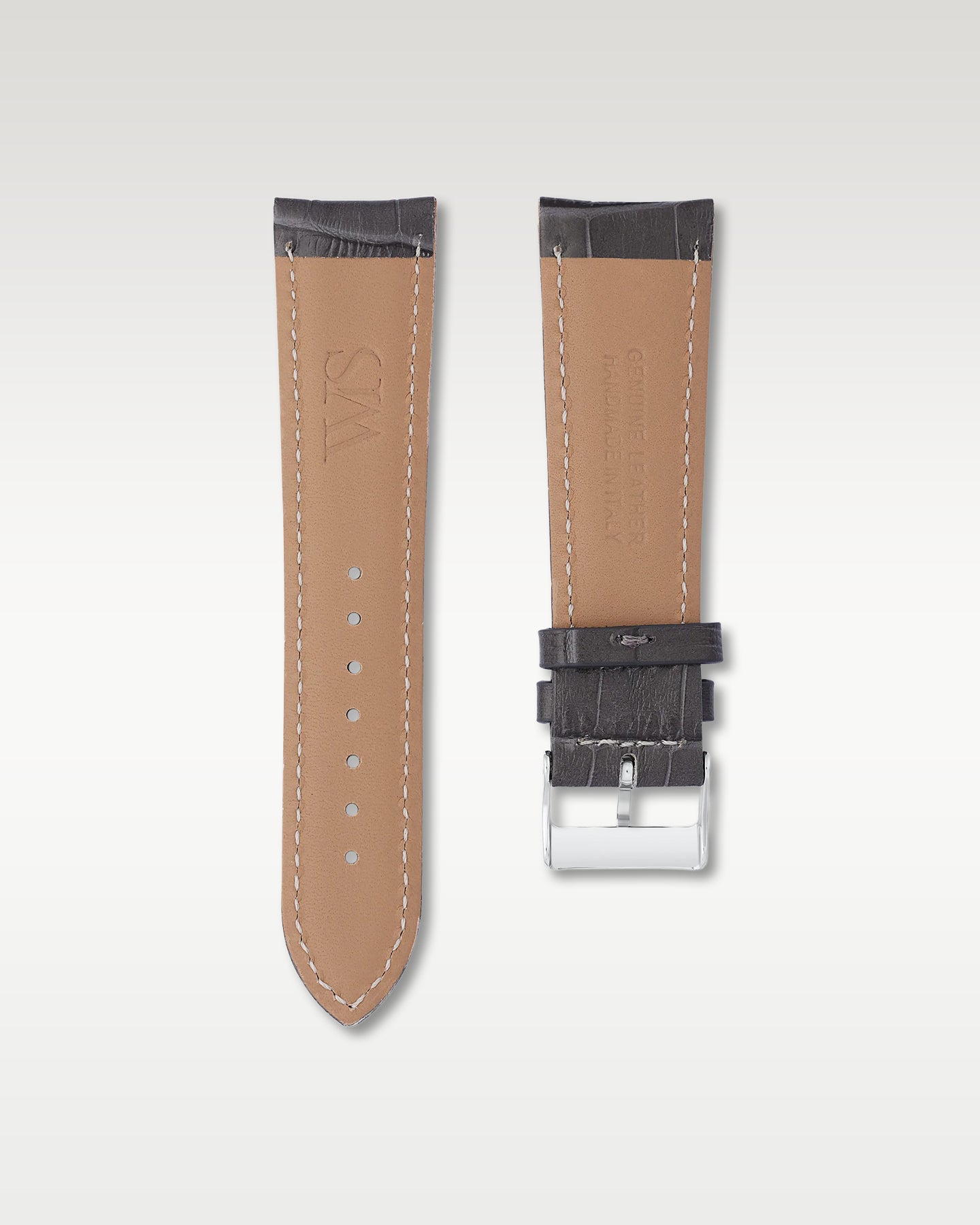 Underside view of WISSTRAPS 24mm Charcoal Grey leather watch strap showing soft tan lining and stamped brand logo