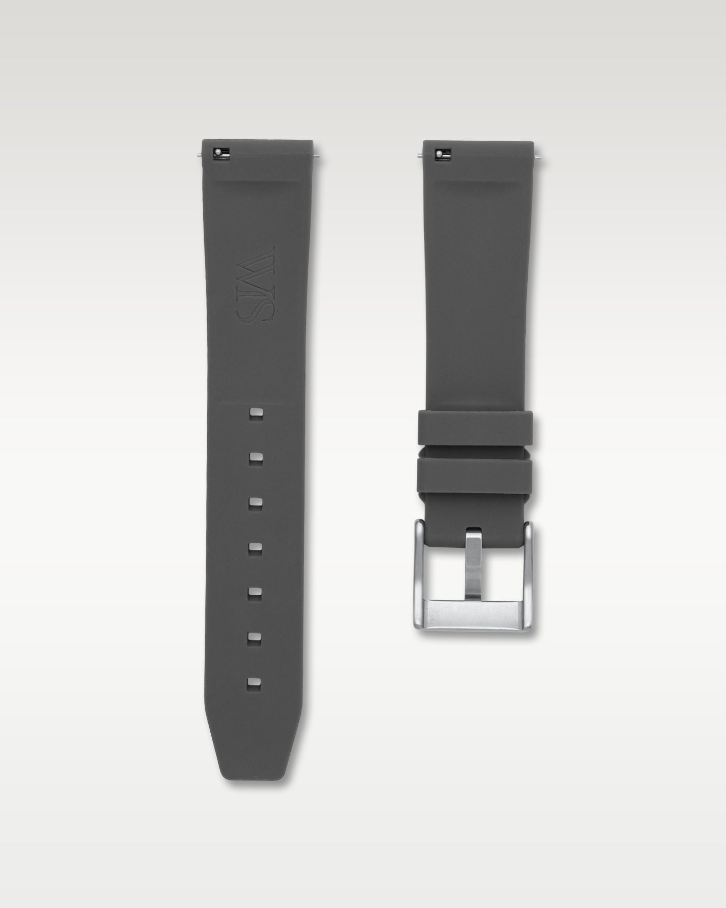 Pair view of WISSTRAPS 20mm Charcoal Grey quick release rubber watch strap with pre-installed silver pin buckle and quick release spring bars