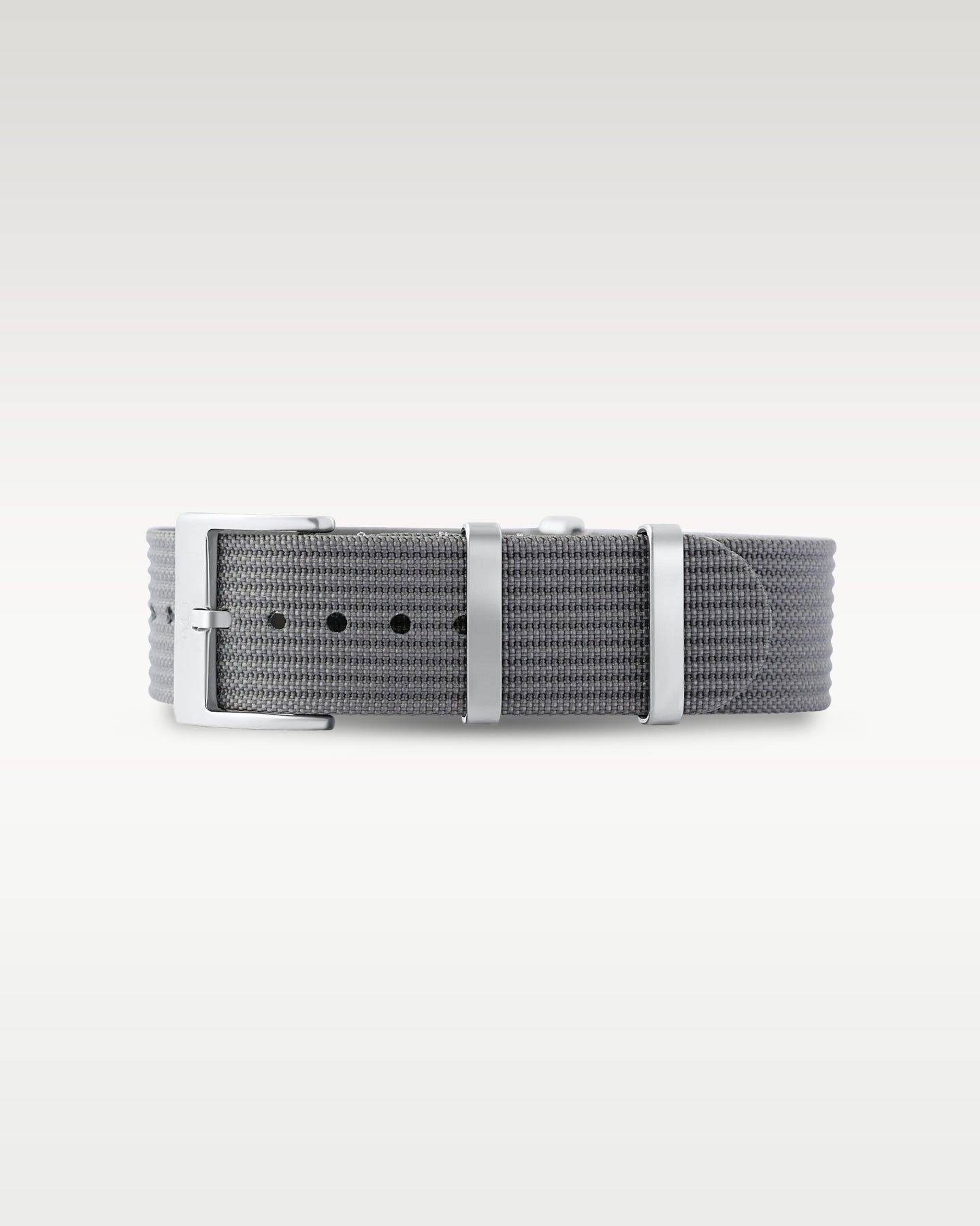 Flat layout view of a steel charcoal grey woven nylon watch strap folded with brushed silver hardware