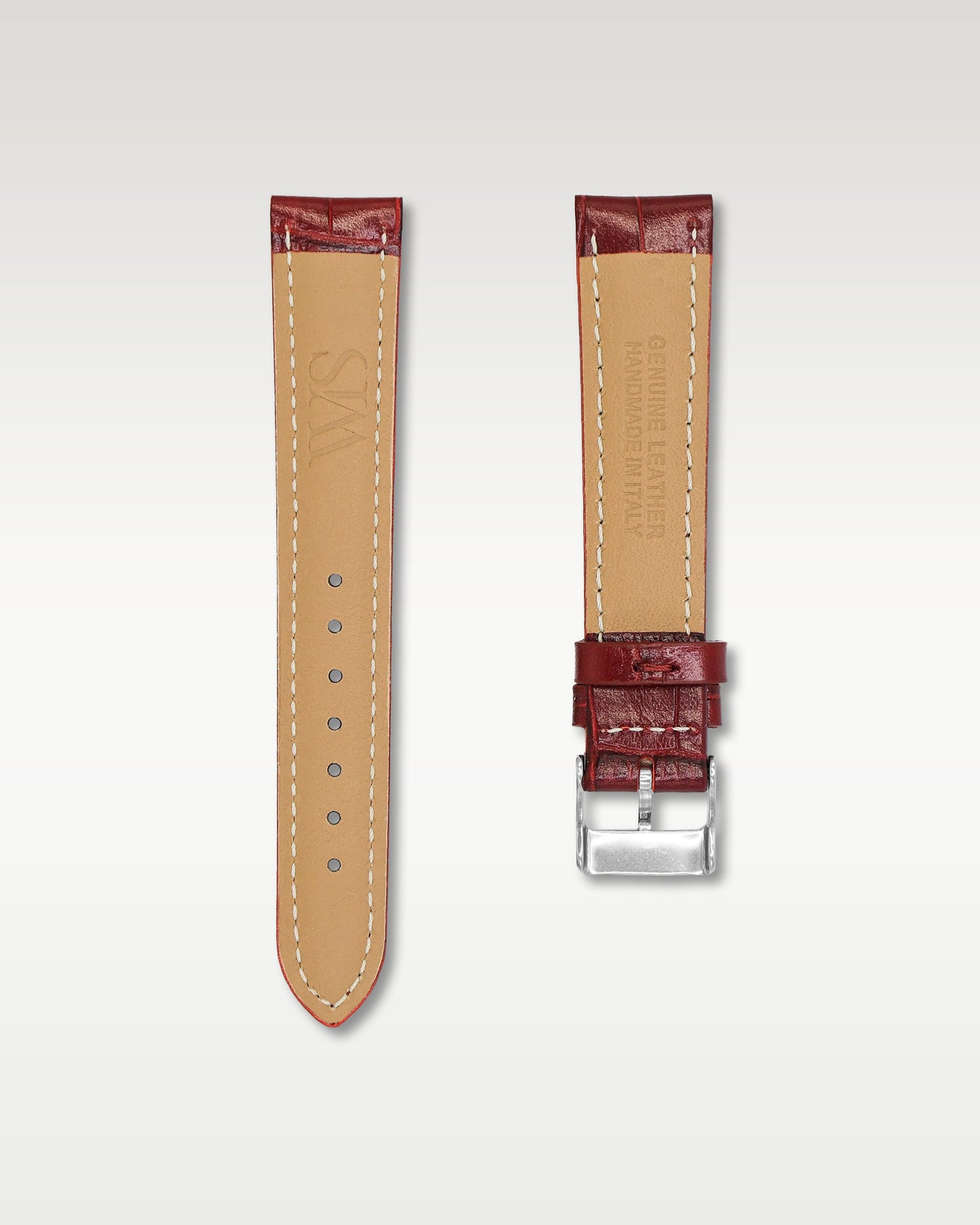 Underside view of WISSTRAPS 18mm Cherry Red leather watch strap showing soft tan lining and stamped brand logo