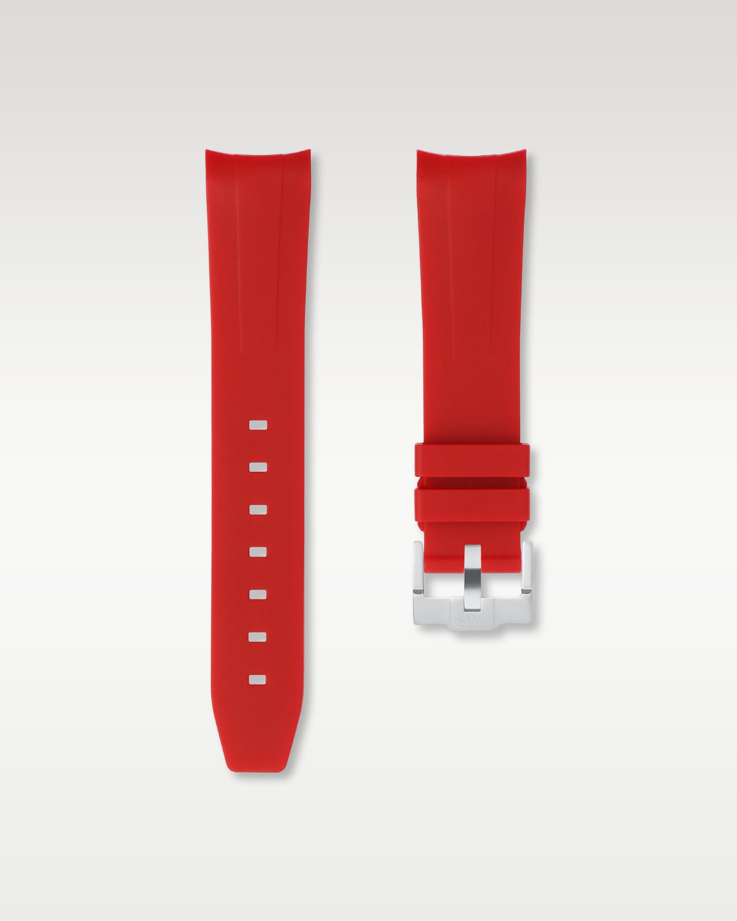 WISSTRAPS 20mm Crimson Red integrated curved end rubber watch strap featuring a seamless flush lug fit and brushed stainless steel buckle
