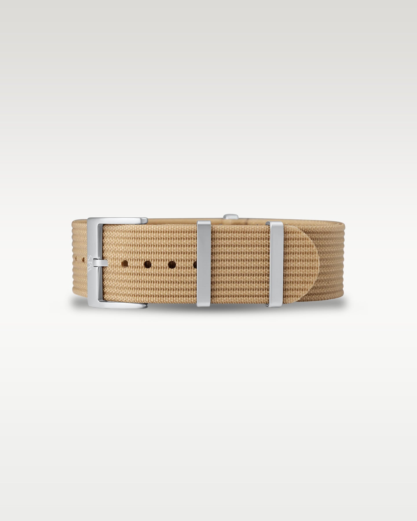 Flat layout view of a desert tan woven nylon watch strap folded with brushed silver hardware