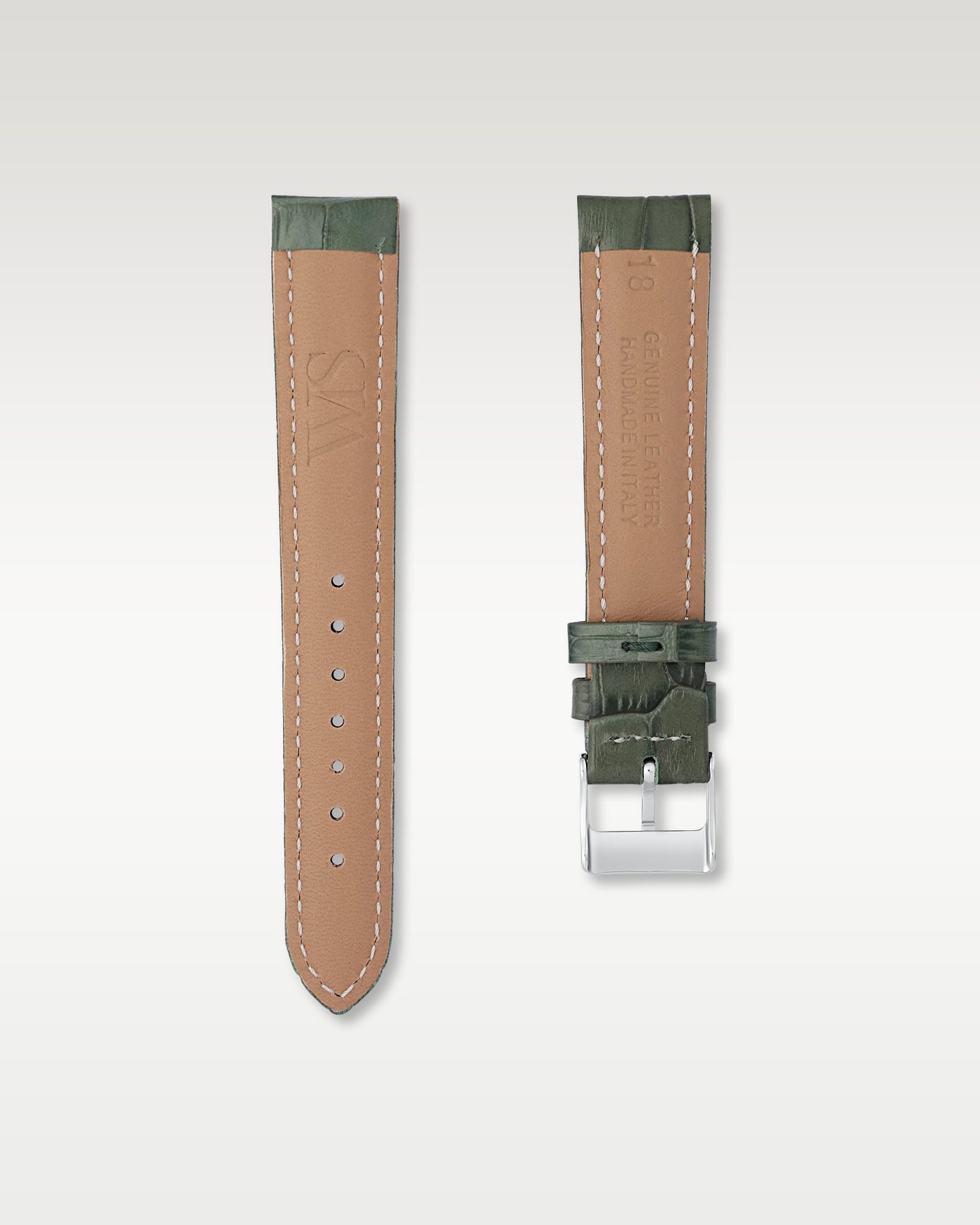 Underside view of WISSTRAPS 18mm Emerald Green leather watch strap showing soft tan lining and stamped brand logo