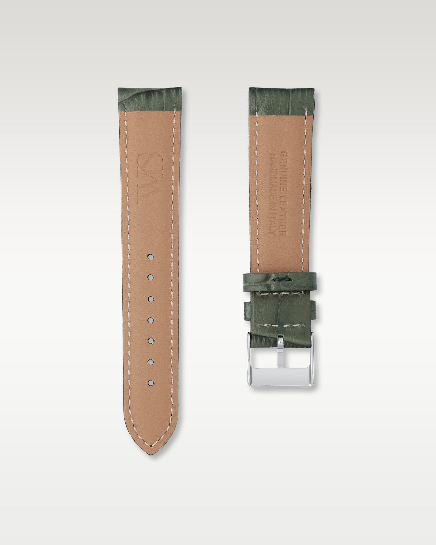 Underside view of WISSTRAPS 20mm Emerald Green leather watch strap showing soft neutral tan lining and stamped brand logo