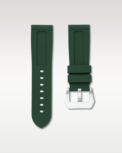 Back view of WISSTRAPS 24mm Forest Green calibrated rubber watch strap showing seamless case alignment and spring bars