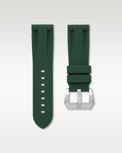 WISSTRAPS 22mm Forest Green calibrated rubber watch strap featuring a flush case fit and brushed stainless steel buckle