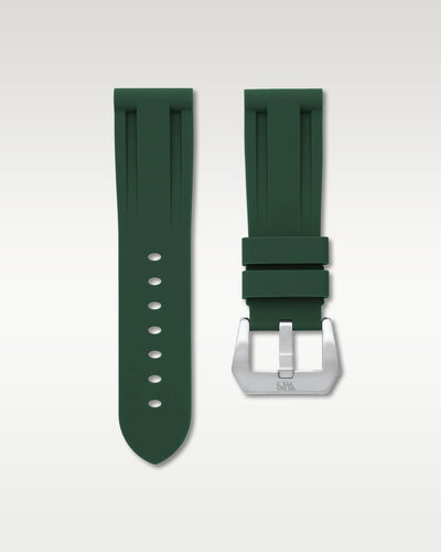 WISSTRAPS 24mm Forest Green calibrated rubber watch strap featuring a flush case fit and brushed stainless steel buckle