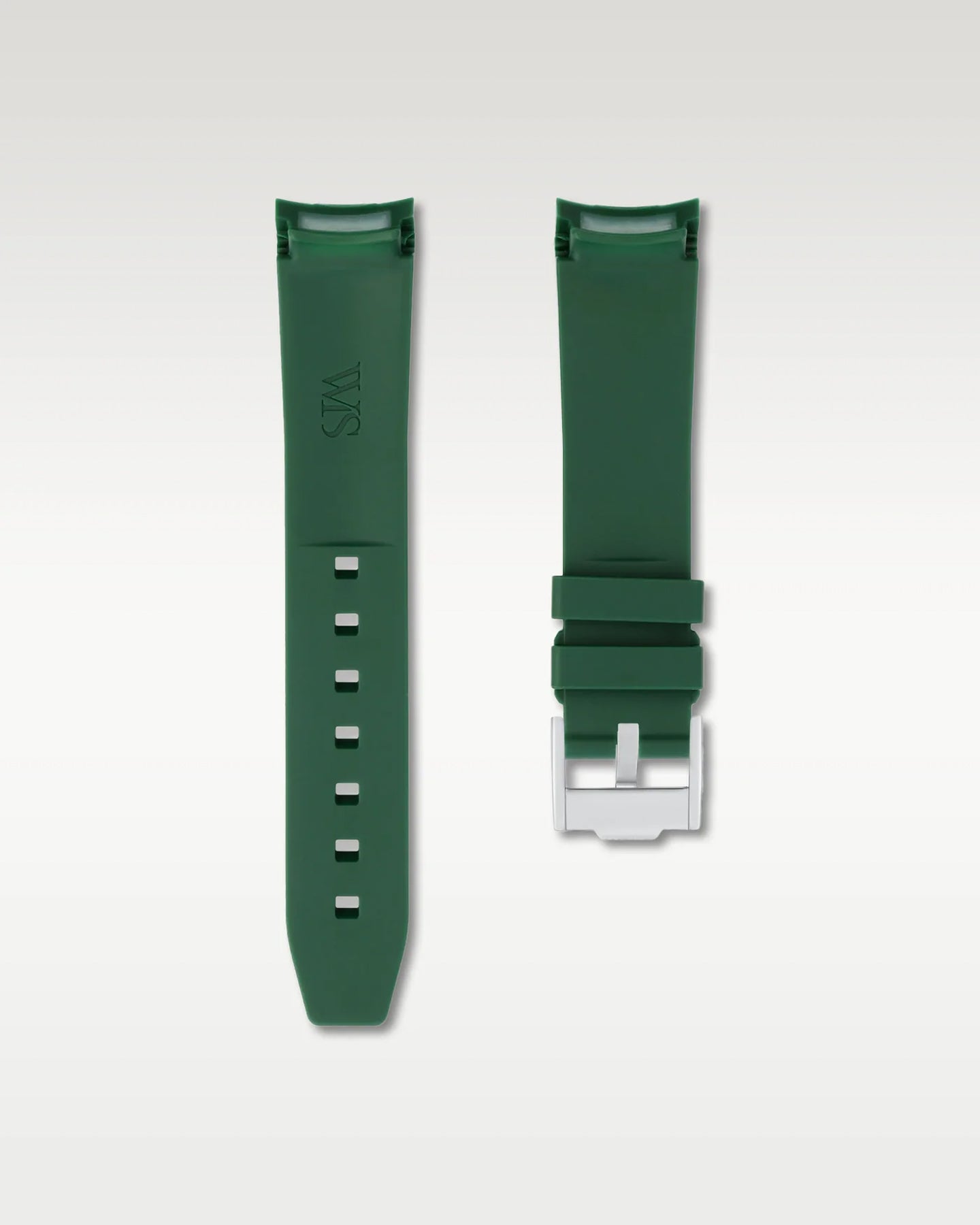 Pair view of WISSTRAPS 20mm Forest Green curved end rubber watch strap with pre-installed silver pin buckle