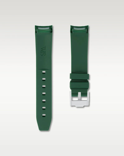 Pair view of WISSTRAPS 20mm Forest Green curved end rubber watch strap with pre-installed silver pin buckle