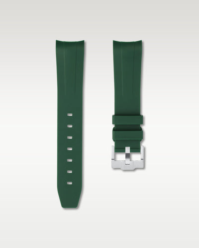 WISSTRAPS 20mm Forest Green integrated curved end rubber watch strap featuring a seamless flush lug fit and brushed stainless steel buckle