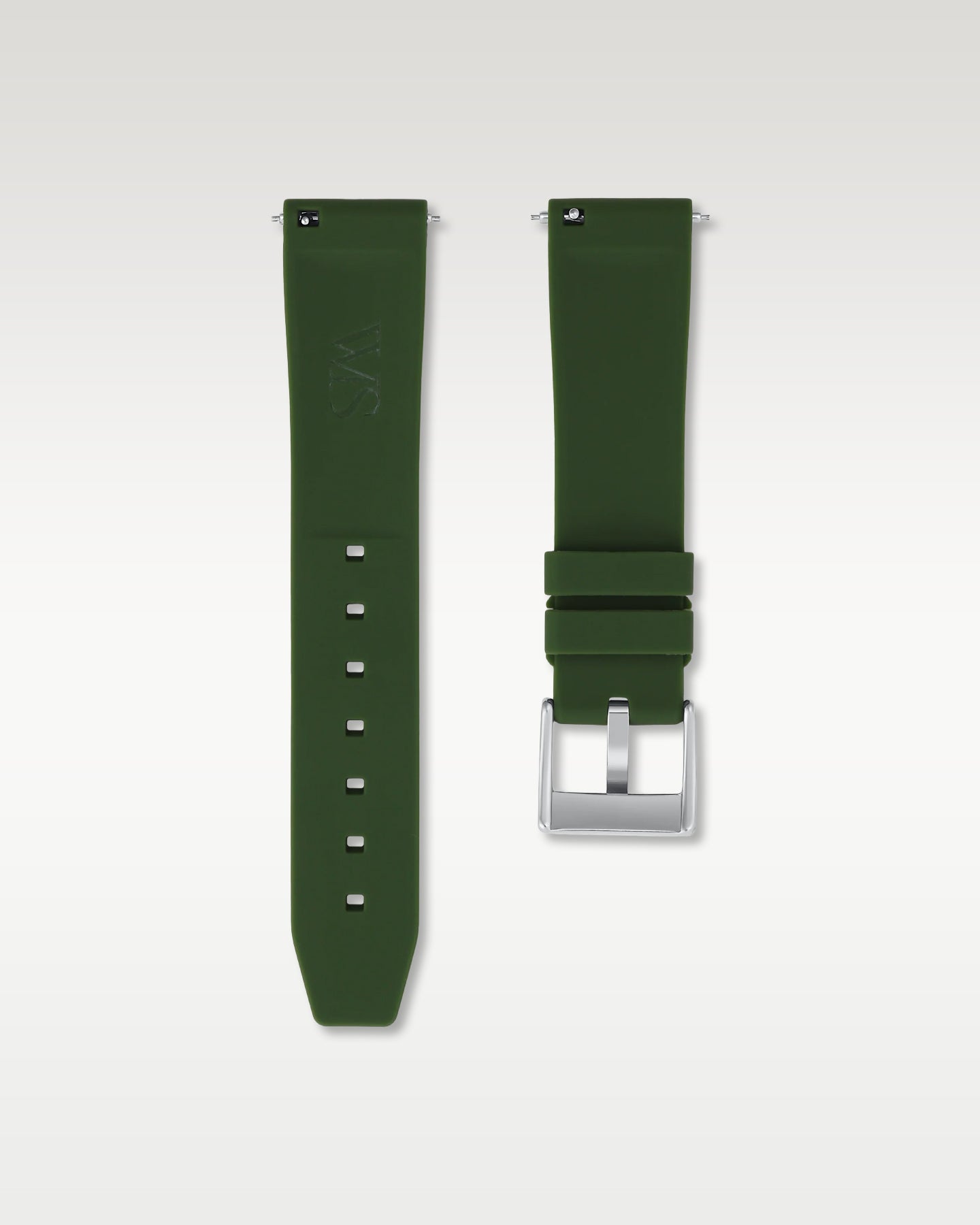 Pair view of WISSTRAPS 20mm Forest Green quick release rubber watch strap with pre-installed silver pin buckle and quick release spring bars