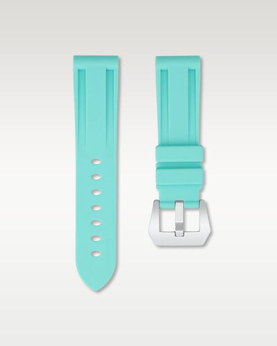 WISSTRAPS 22mm Glacier Blue calibrated rubber watch strap featuring a flush case fit and brushed stainless steel buckle
