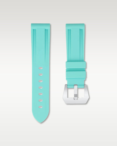 WISSTRAPS 24mm Glacier Blue calibrated rubber watch strap featuring a flush case fit and brushed stainless steel buckle