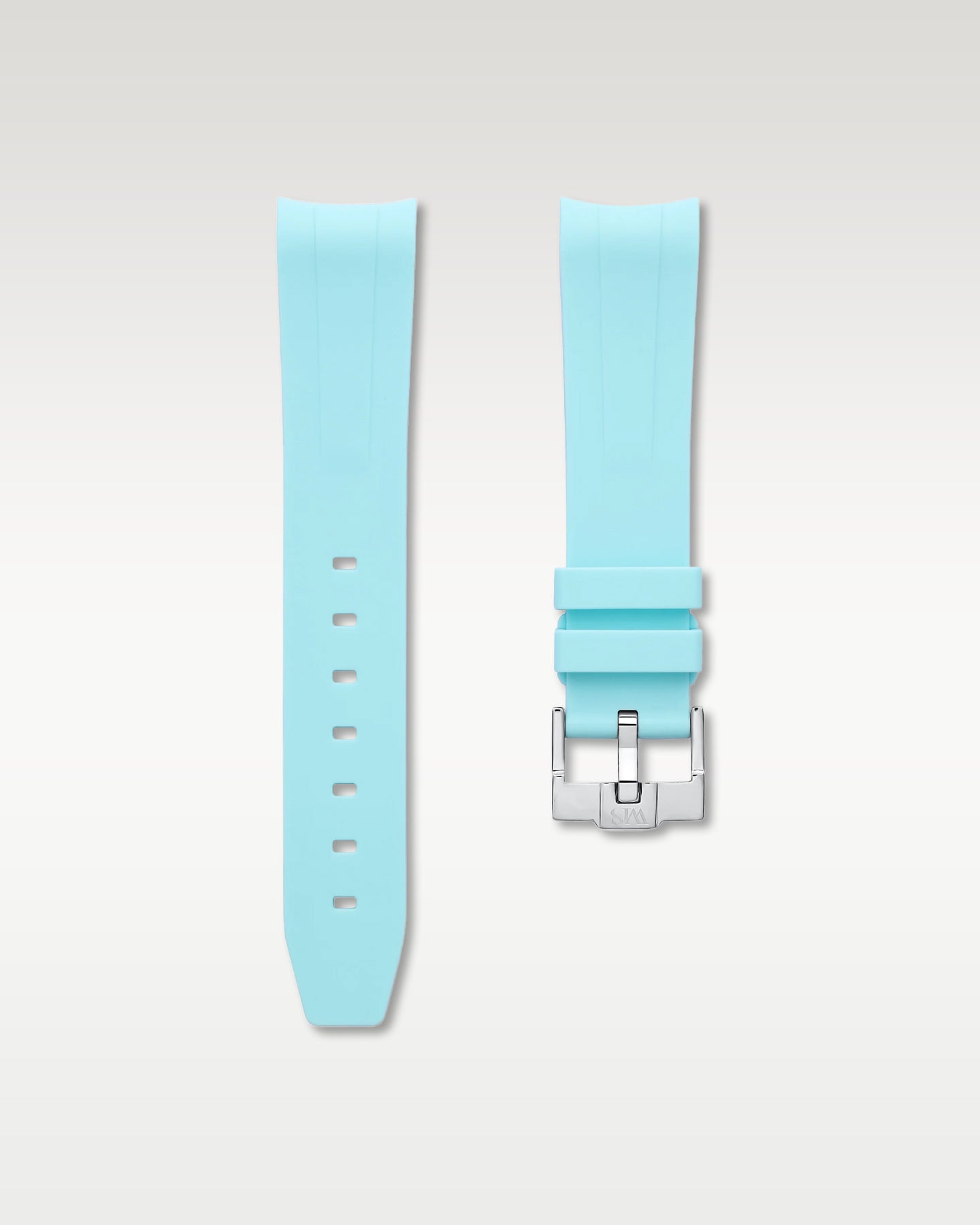 WISSTRAPS 20mm Glacier Blue integrated curved end rubber watch strap featuring a seamless flush lug fit and brushed stainless steel buckle