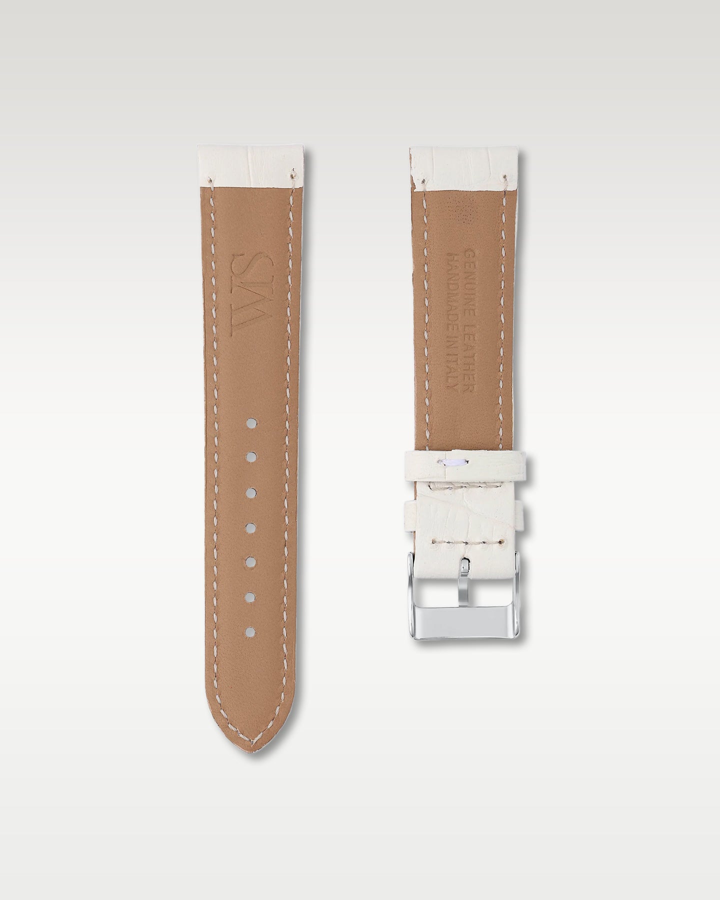 Underside view of WISSTRAPS 20mm Ivory White leather watch strap showing soft neutral tan lining and stamped brand logo